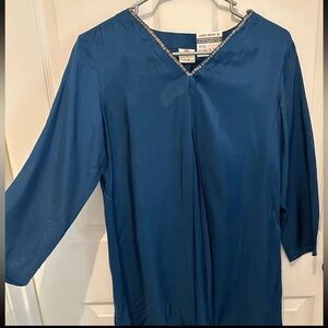 Indian Silk Fabric Blue Tunic With Gold Accented Neckline Size Large Authentic